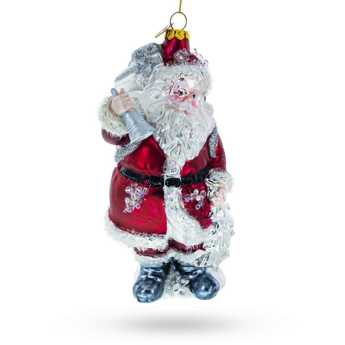 Classic Santa Claus Holding Bell Glass Christmas Ornament