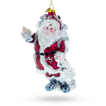 Classic Santa Claus Holding Bell Glass Christmas Ornament