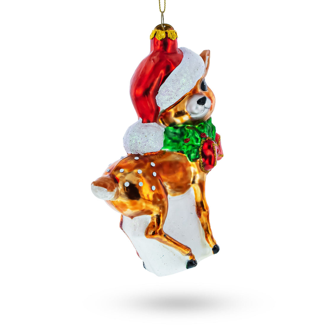 Reindeer with Santa Hat Glass Christmas Ornament