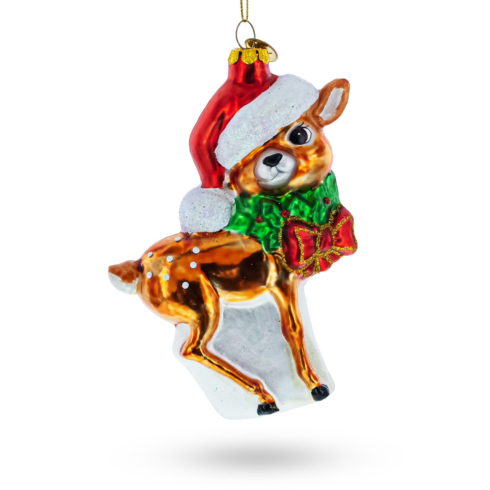 Reindeer with Santa Hat Glass Christmas Ornament