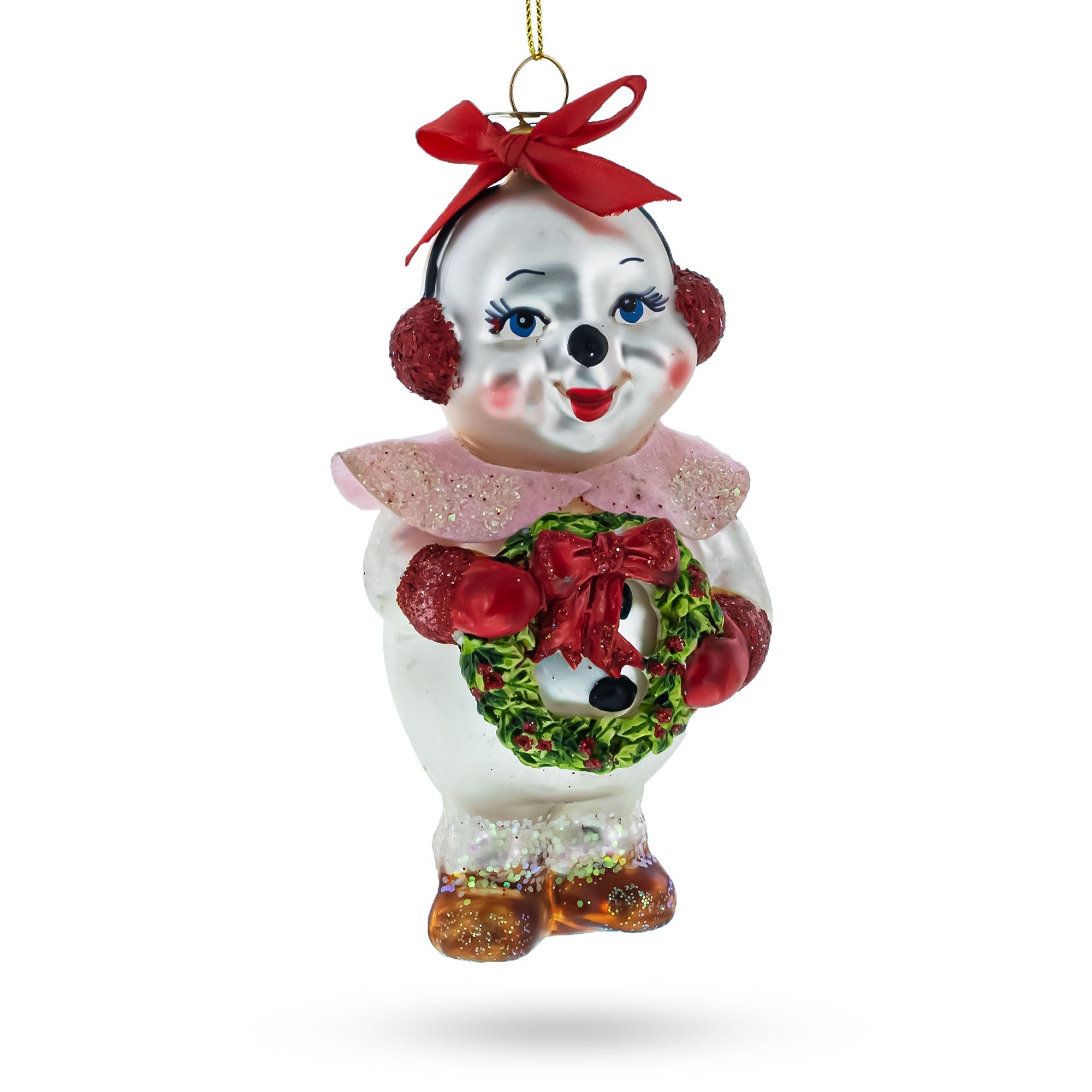 Snowwoman with Wreath Glass Christmas Ornament