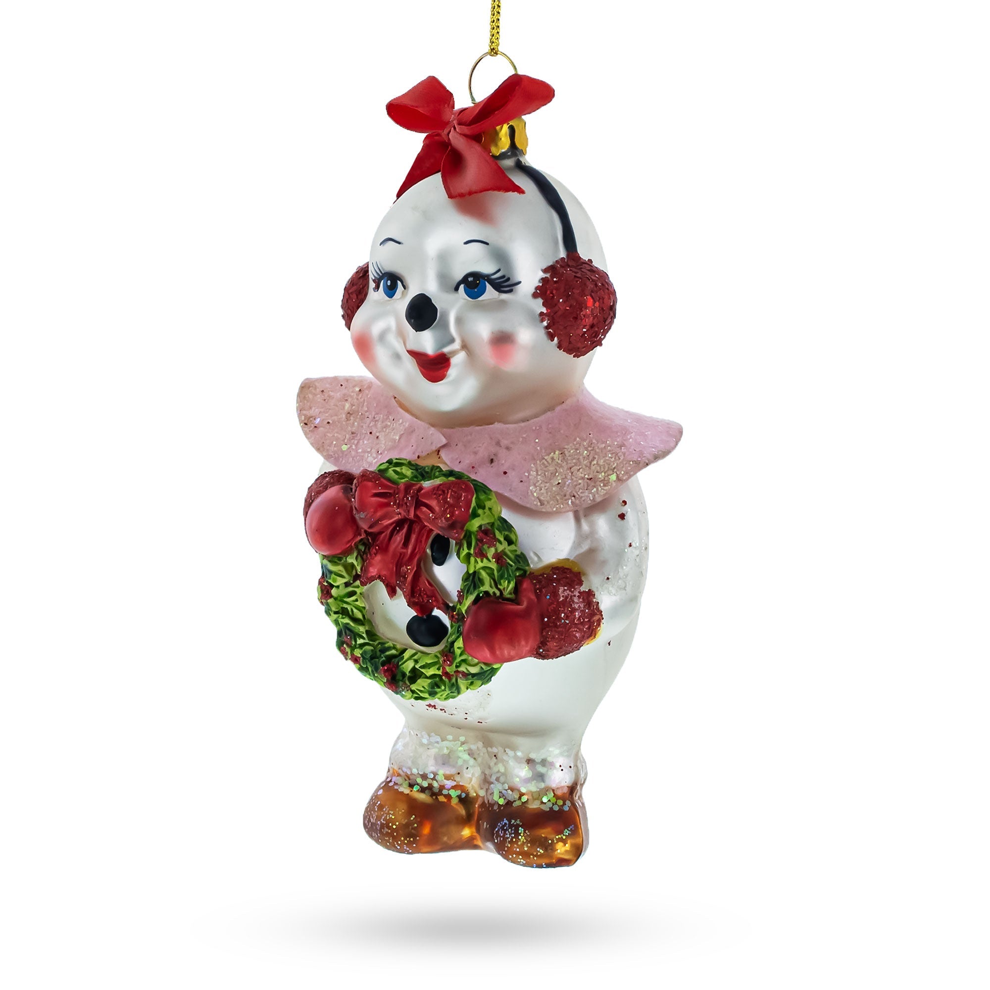 Snowwoman with Wreath Glass Christmas Ornament