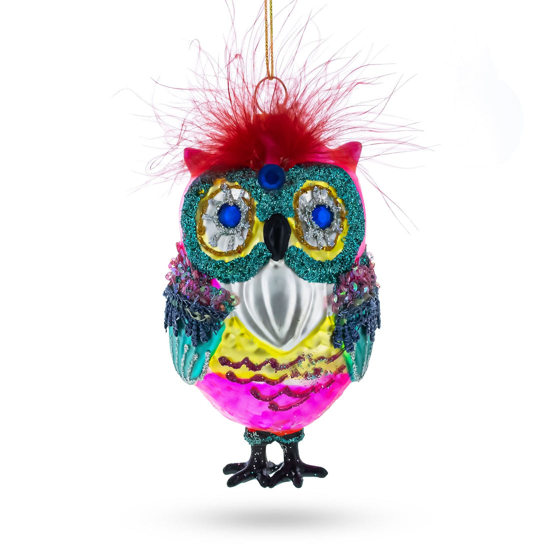 Vibrant Colorful Owl Glass Christmas Ornament