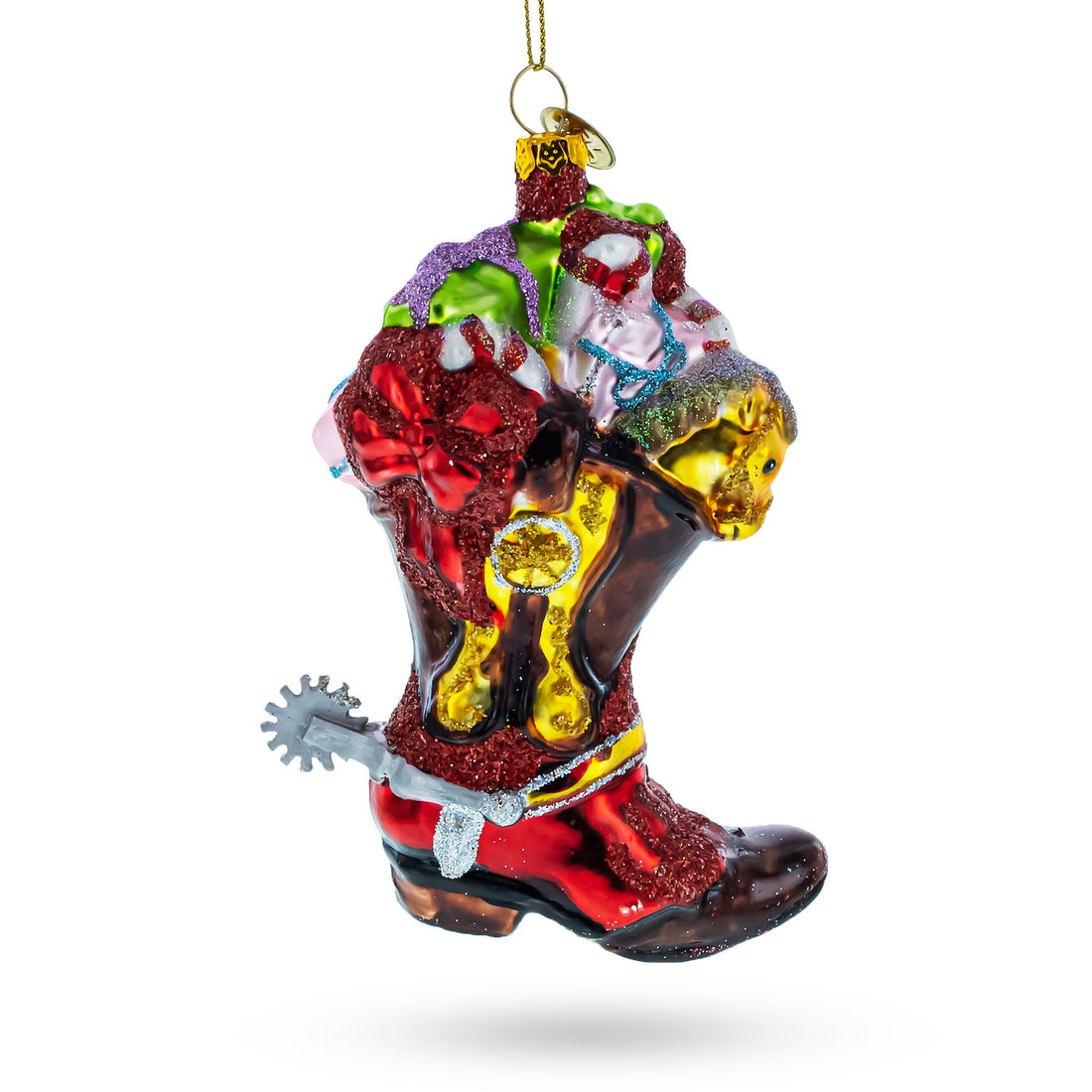 Western Cowboy Boot with Gifts Glass Christmas Ornament