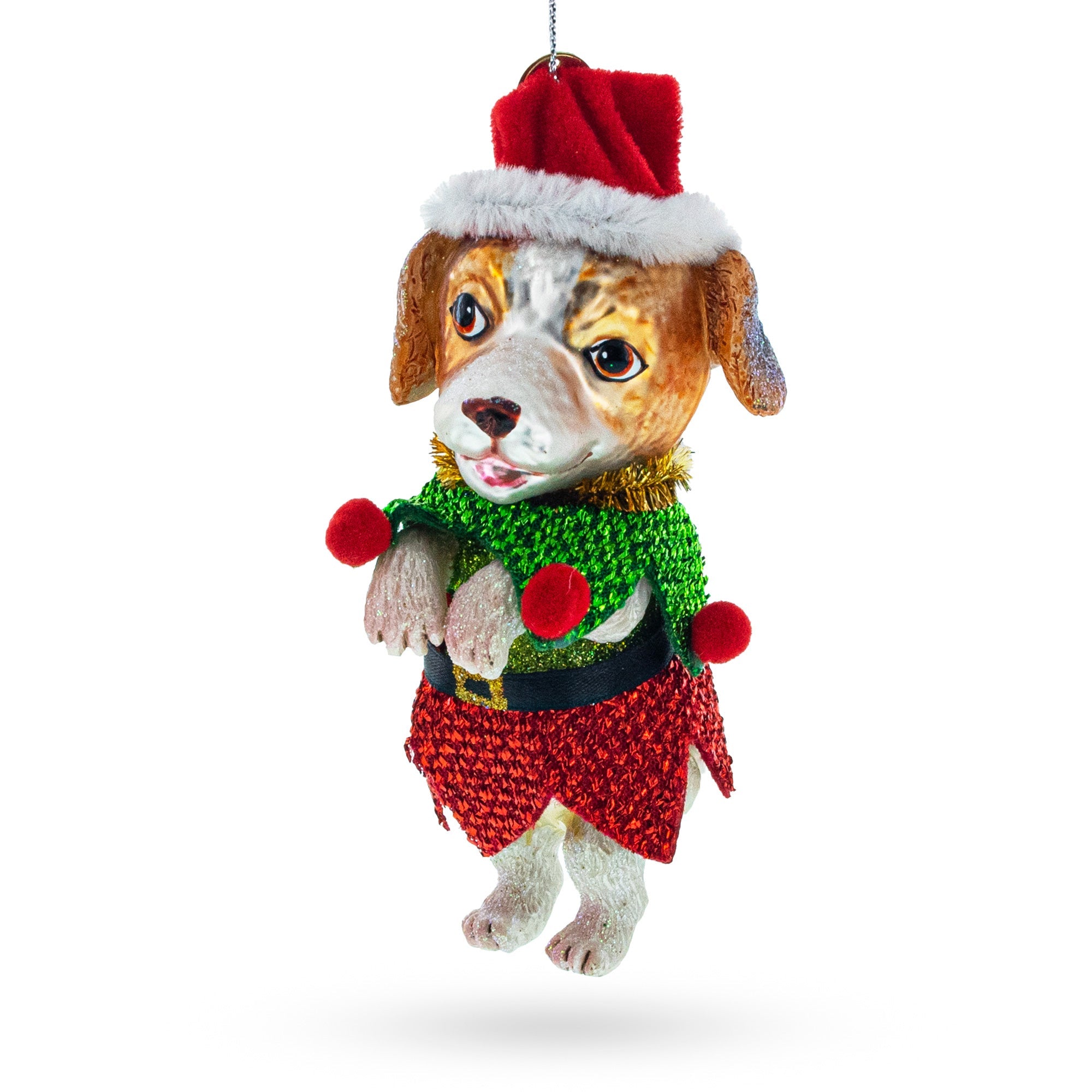 Santa Pup in Elf Costume Glass Christmas Ornament
