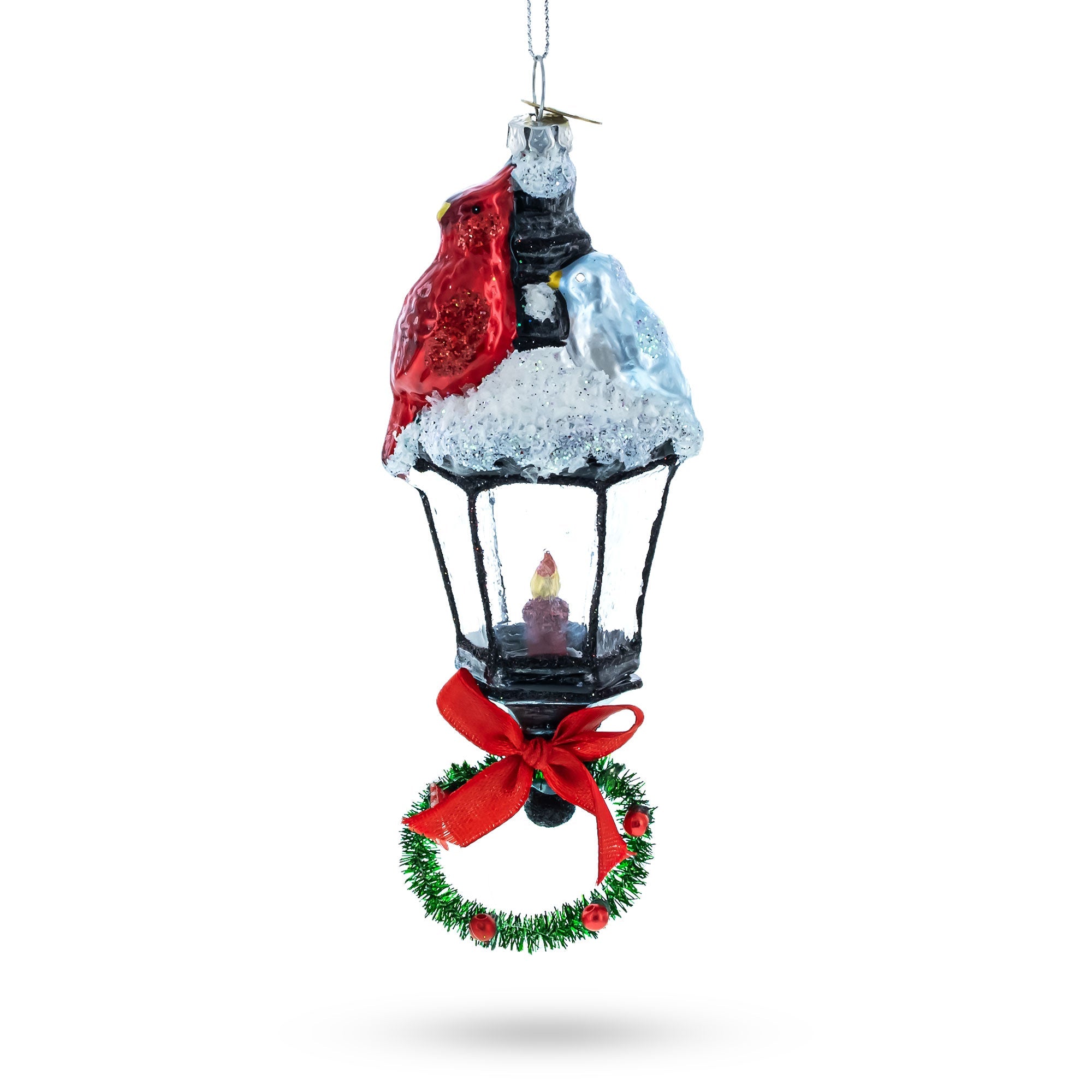 Red Cardinal Perched on Snow-Capped Lantern Glass Christmas Ornament