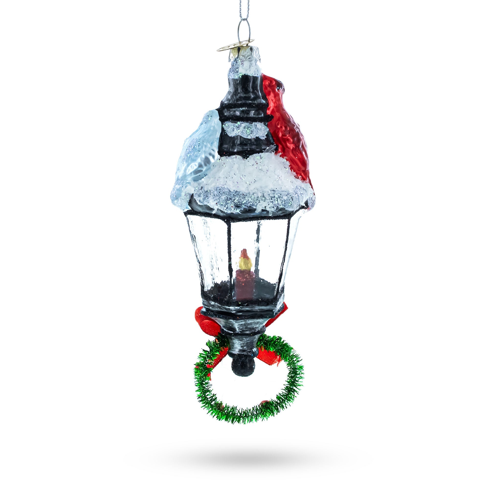Red Cardinal Perched on Snow-Capped Lantern Glass Christmas Ornament