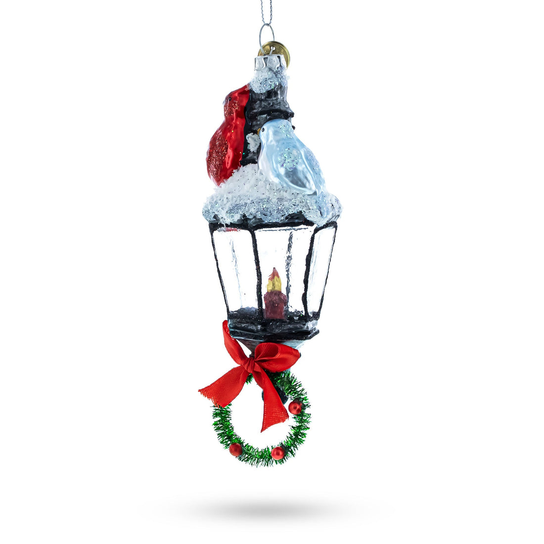 Red Cardinal Perched on Snow-Capped Lantern Glass Christmas Ornament