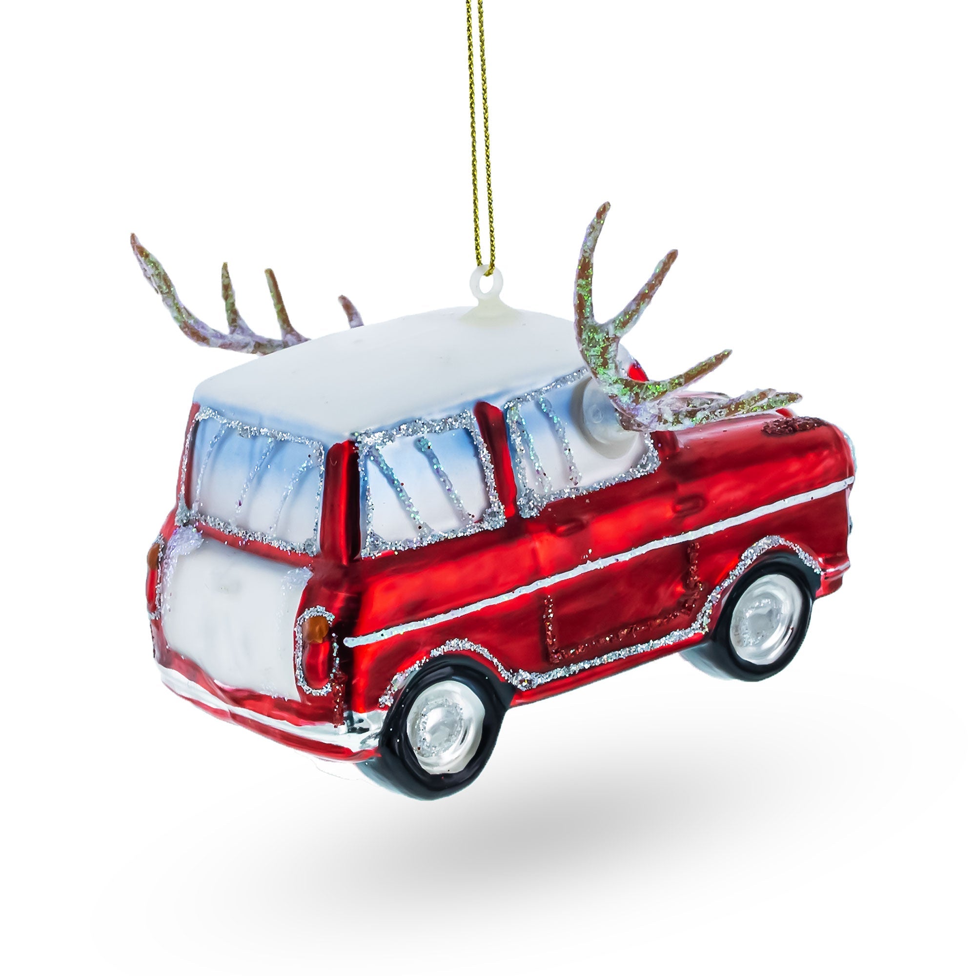 Car Decked Out with Nose & Antlers Glass Christmas Ornament