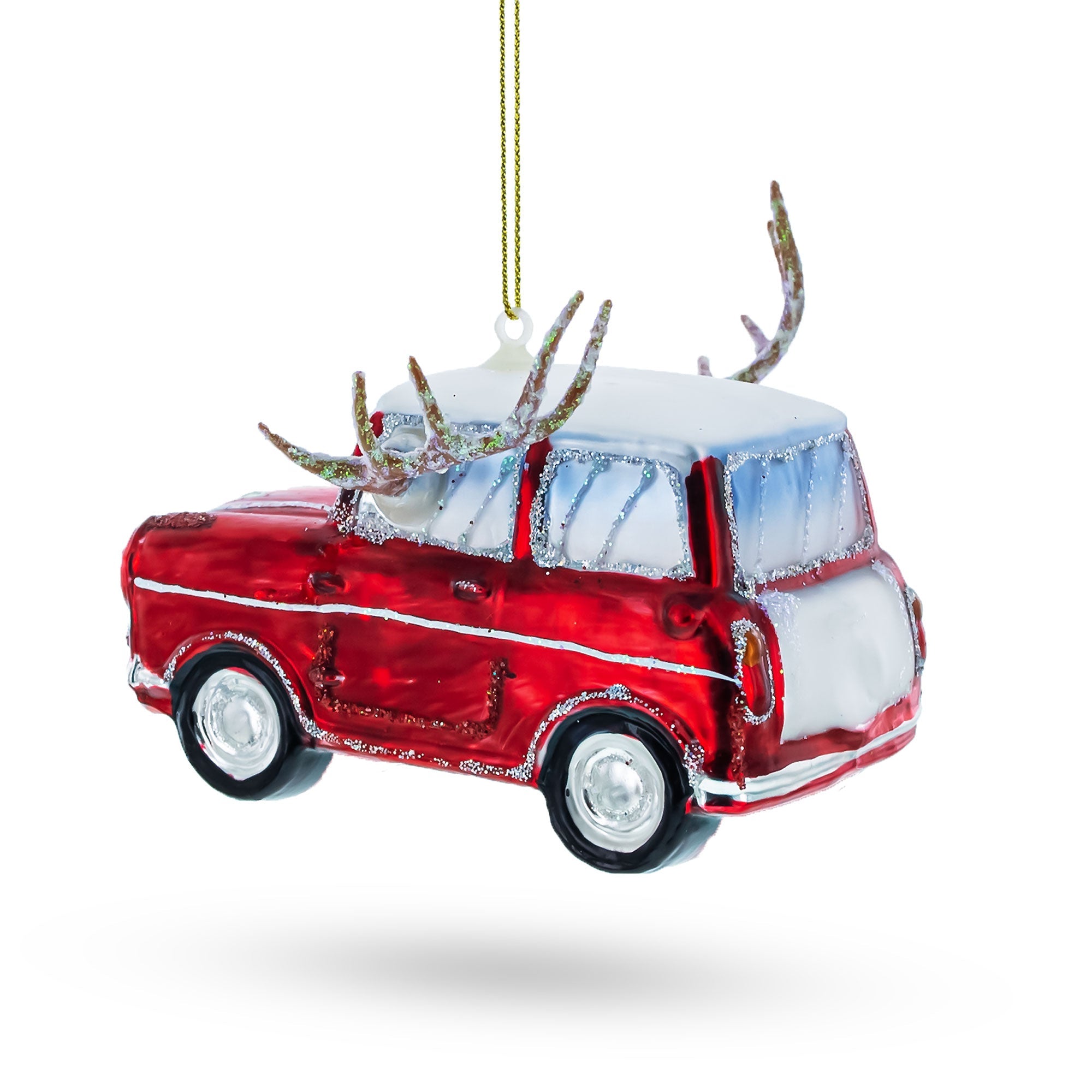 Car Decked Out with Nose & Antlers Glass Christmas Ornament