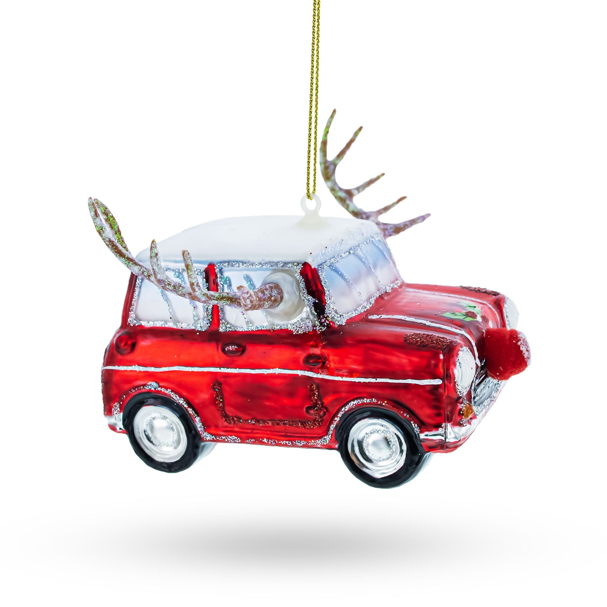 Car Decked Out with Nose & Antlers Glass Christmas Ornament