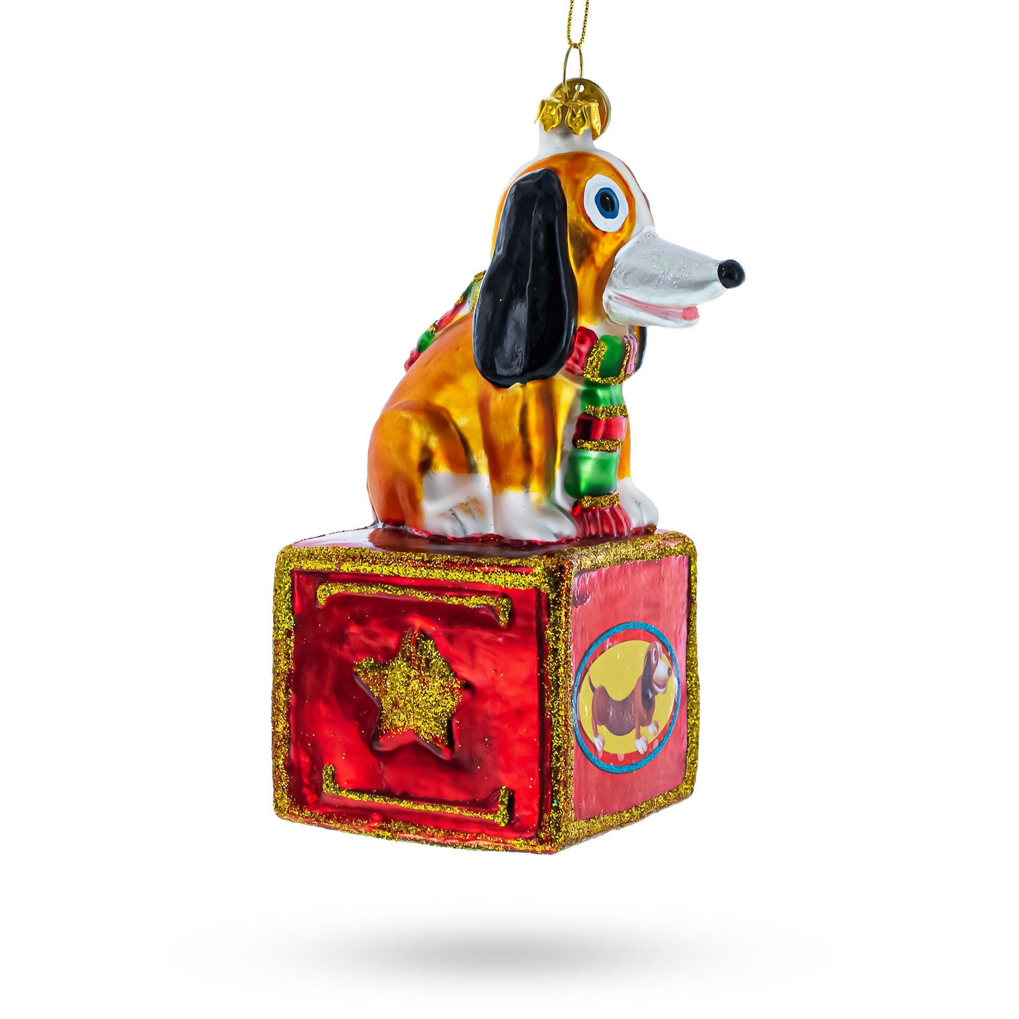 Playful Toy Dog on Festive Red Box Glass Christmas Ornament