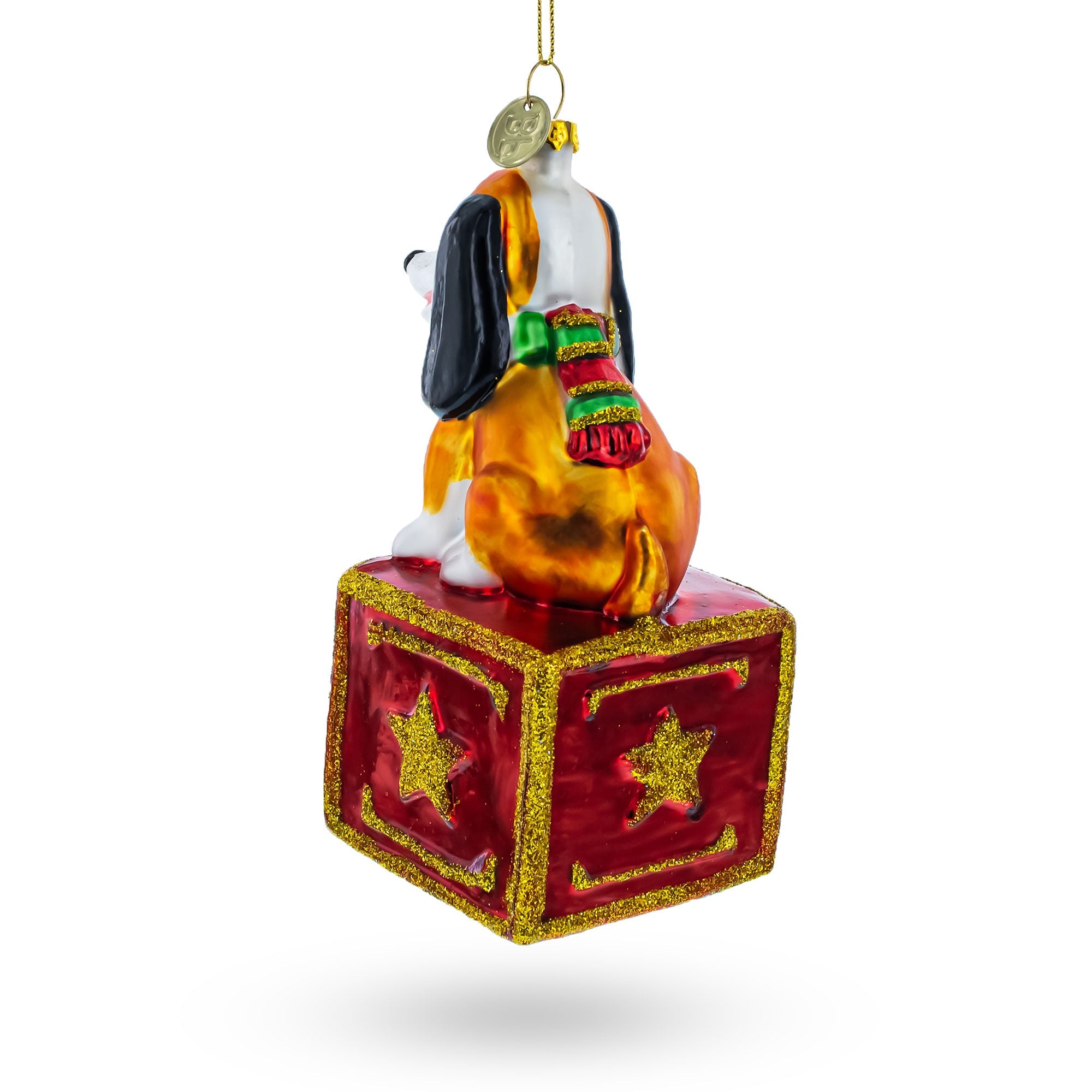 Playful Toy Dog on Festive Red Box Glass Christmas Ornament