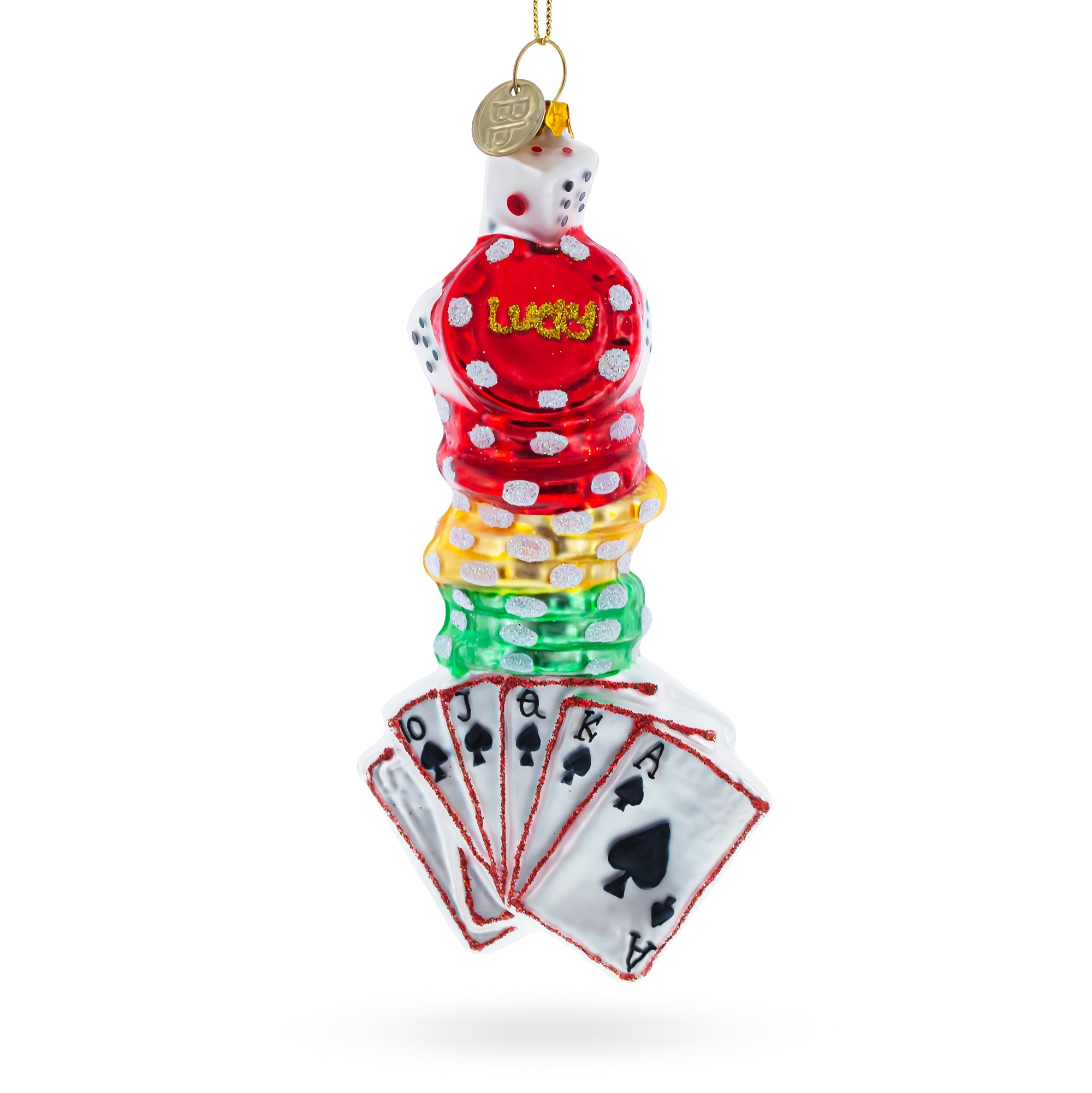 Casino Poker Chips and Cards Glass Christmas Ornament