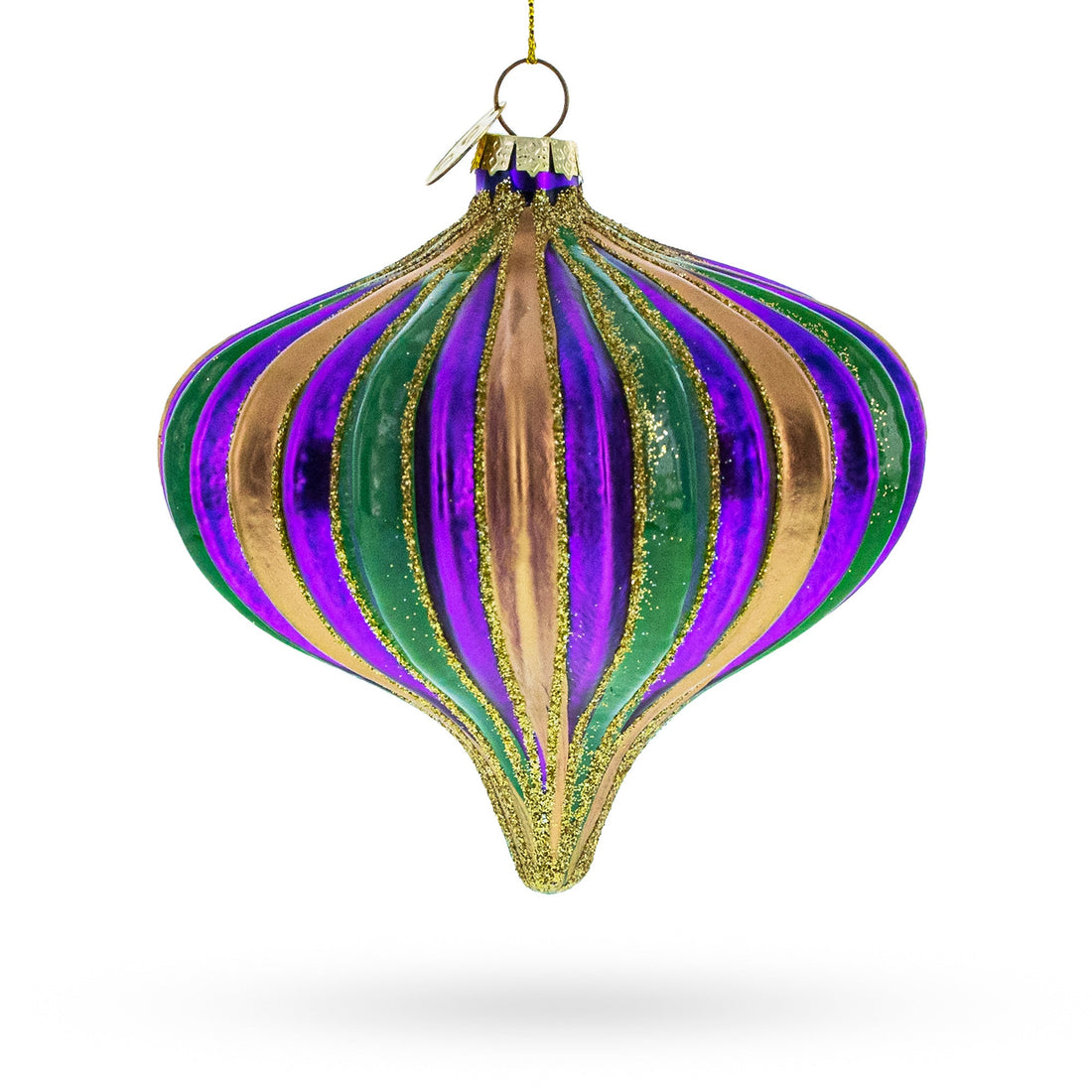 Purple Green Gold Glitter Stripe Teardrop Finial Glass Christmas Ornament