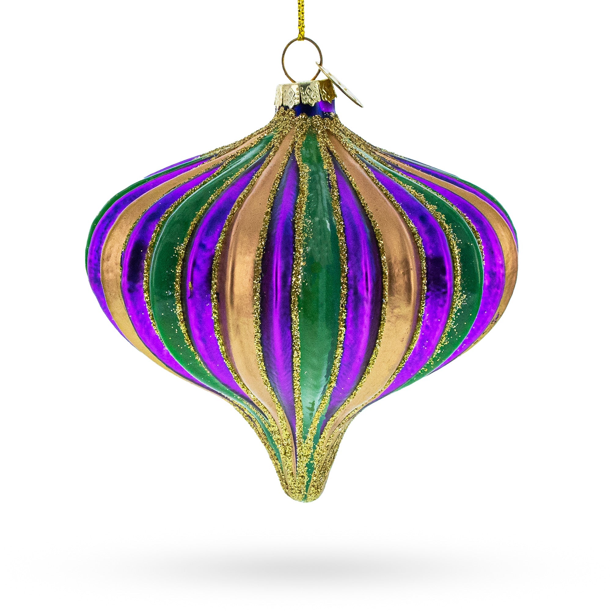Purple Green Gold Glitter Stripe Teardrop Finial Glass Christmas Ornament