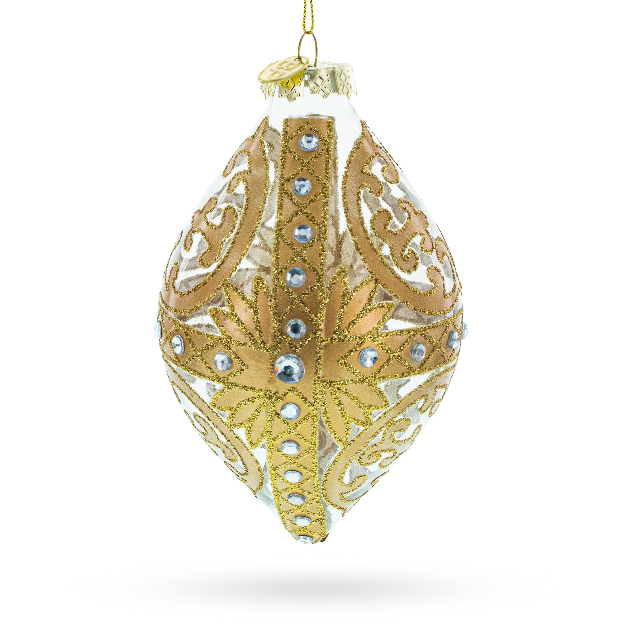 Gold Scroll with Jewel Accents Elegant Rhombus Finial Glass Christmas Ornament