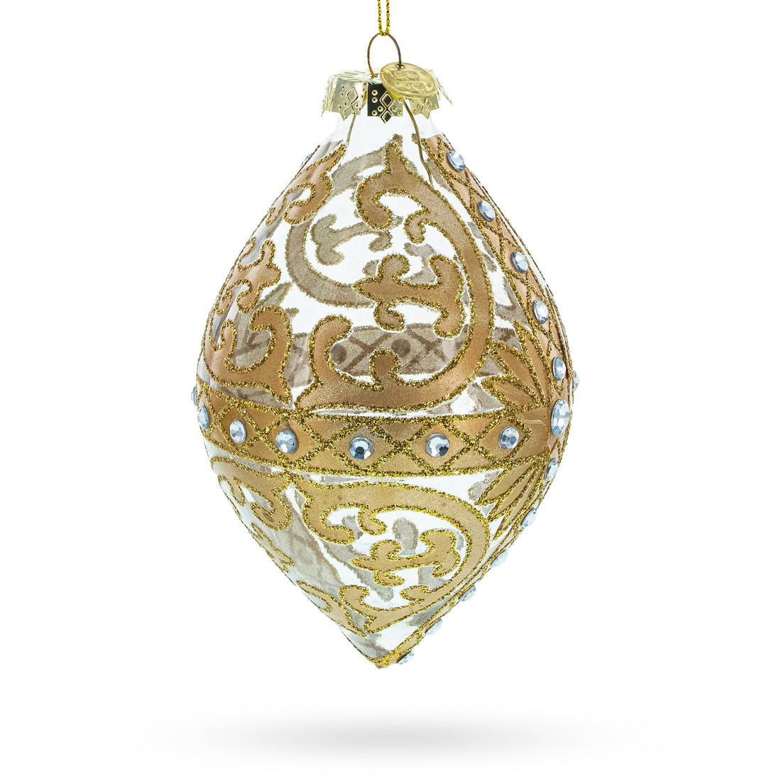 Gold Scroll with Jewel Accents Elegant Rhombus Finial Glass Christmas Ornament