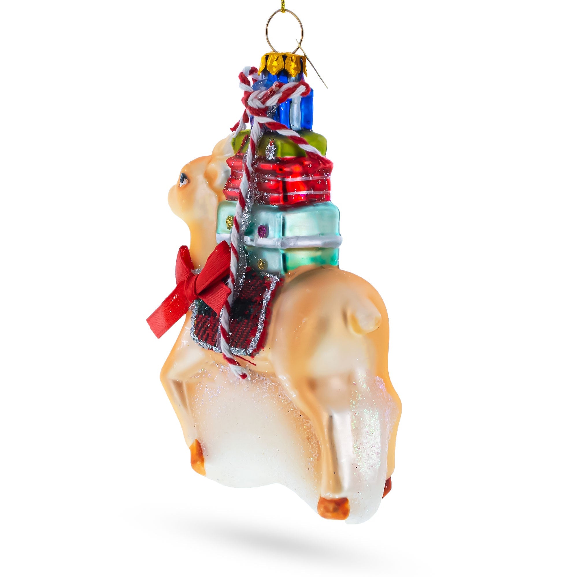Deer Carrying Gifts Glass Christmas Ornament