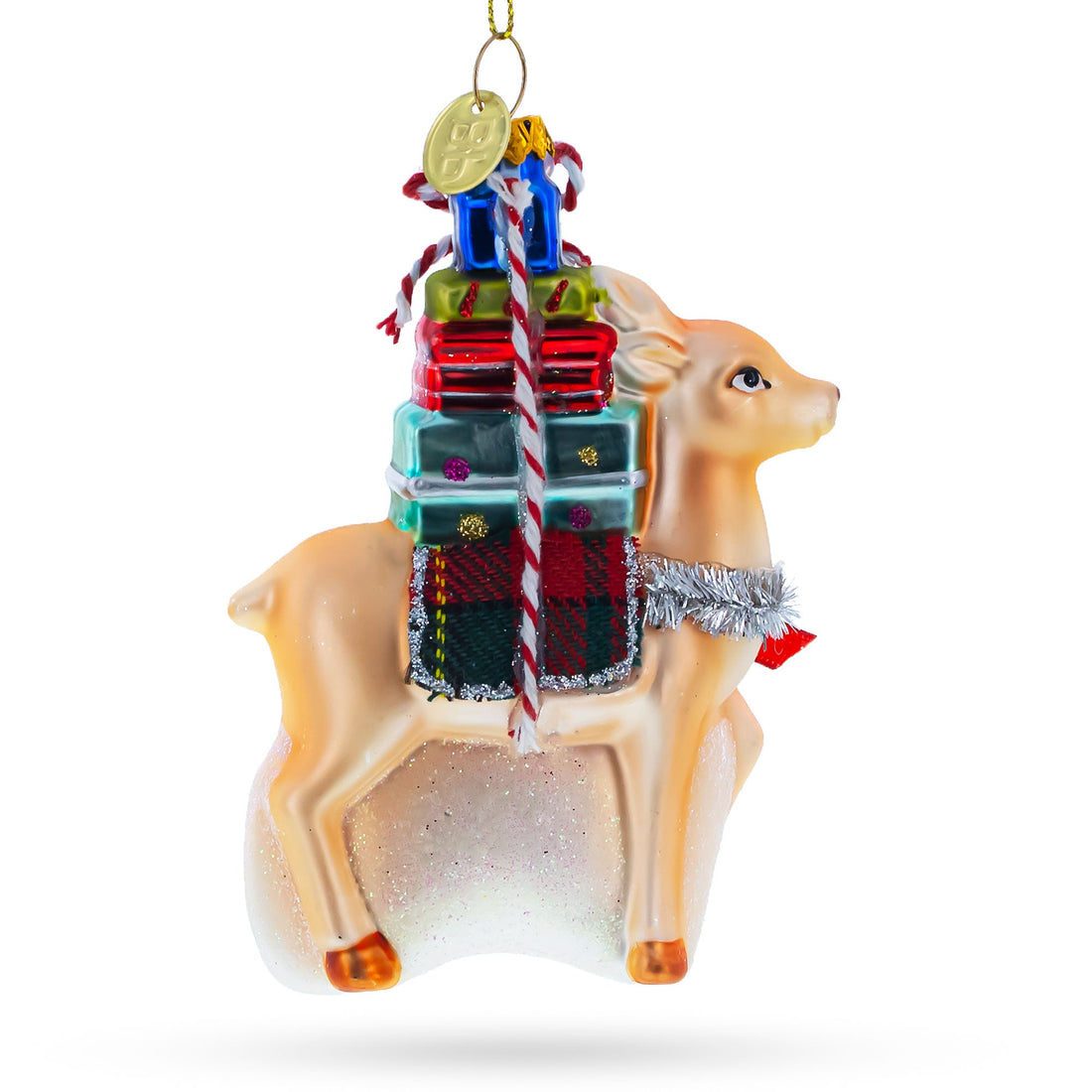 Deer Carrying Gifts Glass Christmas Ornament