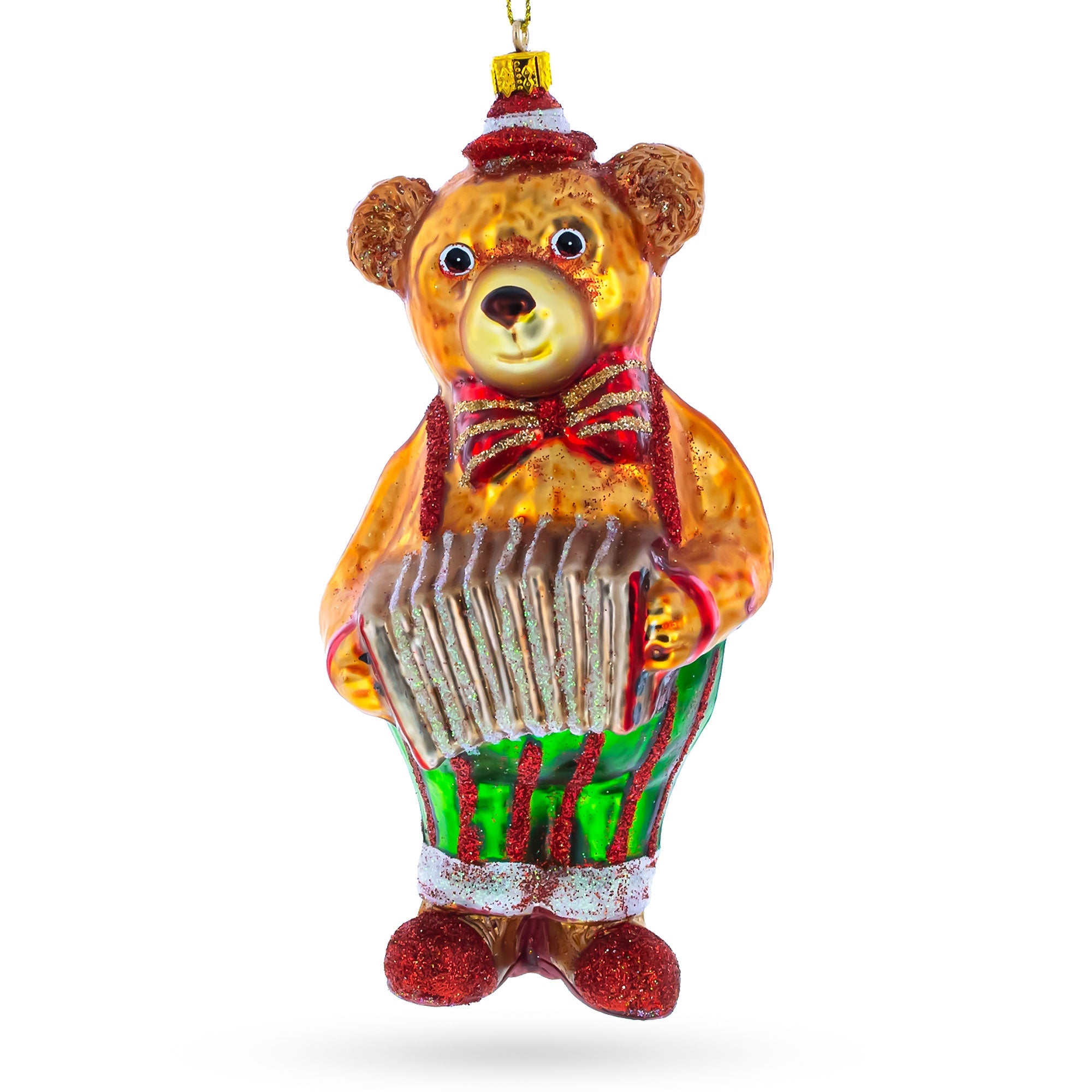 Bear Playing on Accordion Glass Christmas Ornament