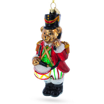 Teddy Bear Drummer Glass Christmas Ornament