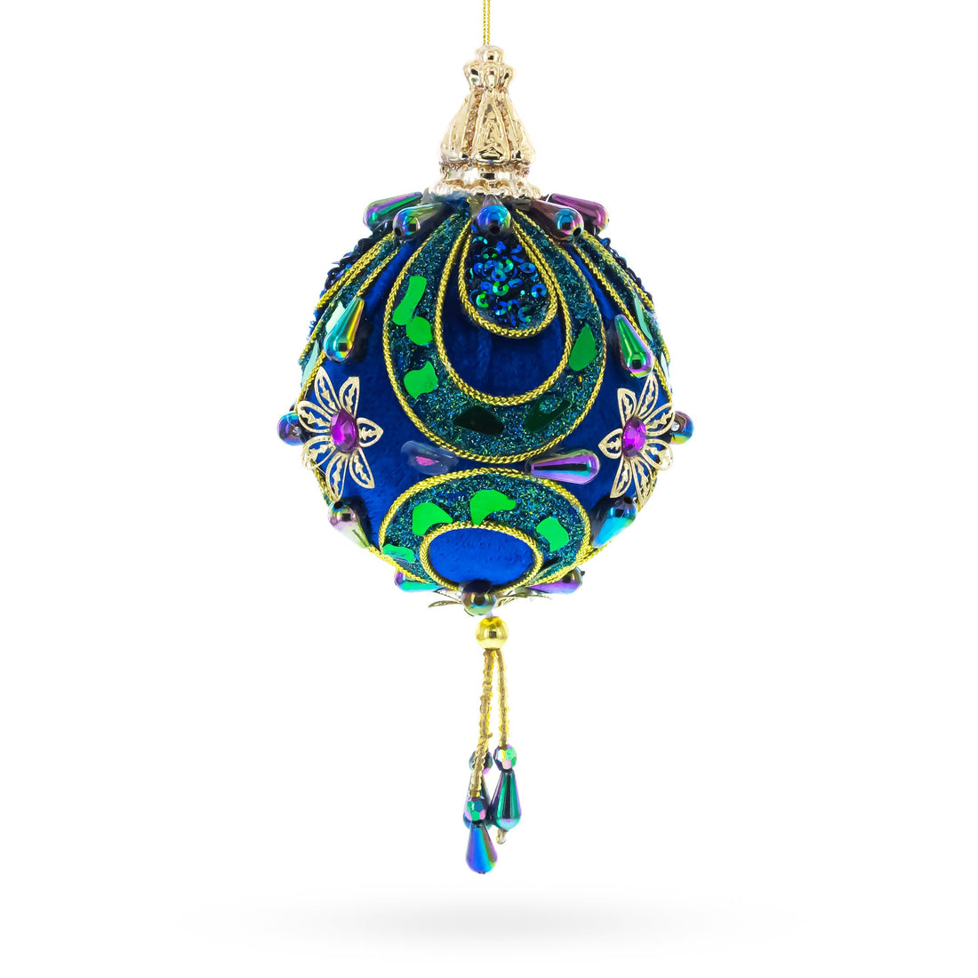Royal Blue Jeweled  Gold Filigree Accents and Tassels Christmas Ornament