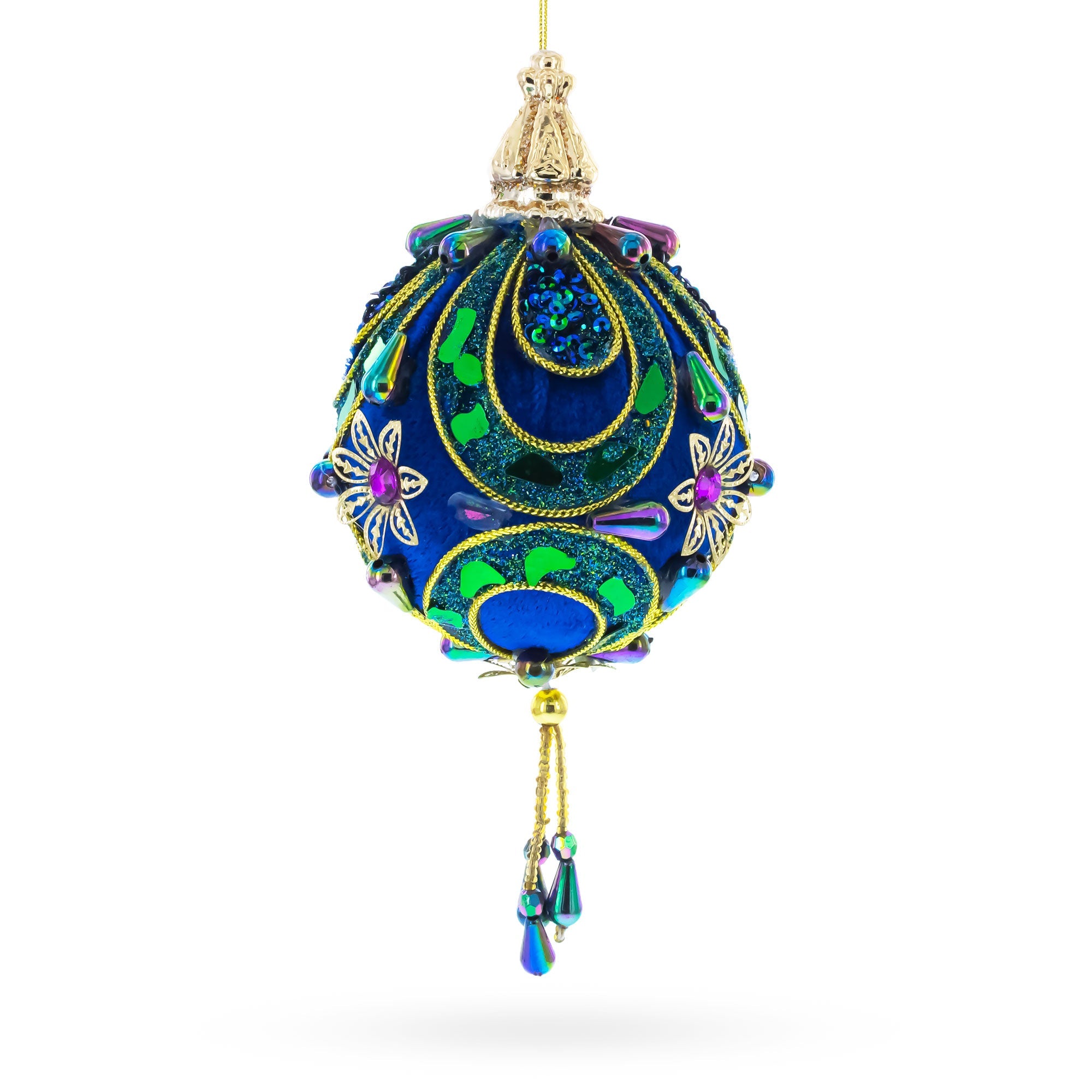 Royal Blue Jeweled  Gold Filigree Accents and Tassels Christmas Ornament