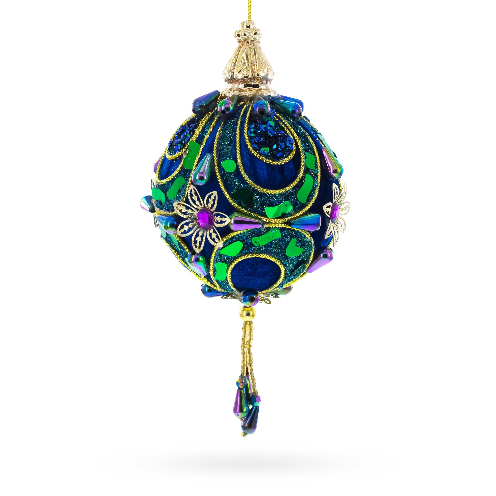 Royal Blue Jeweled  Gold Filigree Accents and Tassels Christmas Ornament