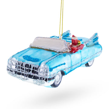 Classic Convertible Blue Retro Car Glass Christmas Ornament