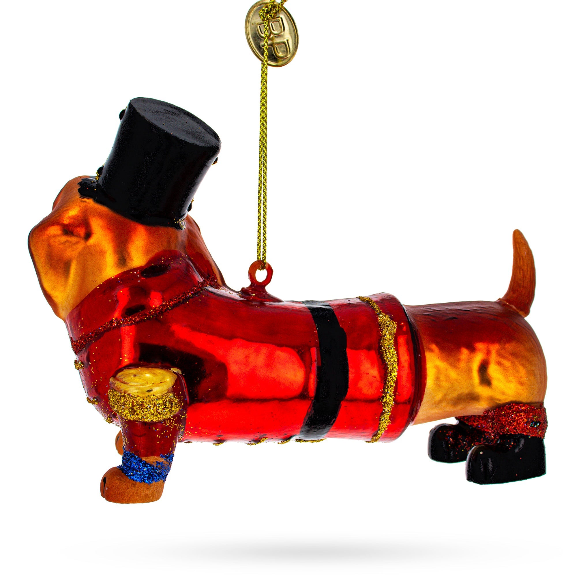 Dachshund Dog in Hat Glass Christmas Ornament