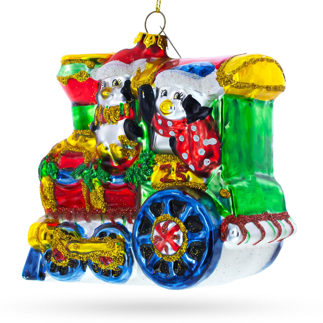 Playful Penguins Riding Train Glass Christmas Ornament