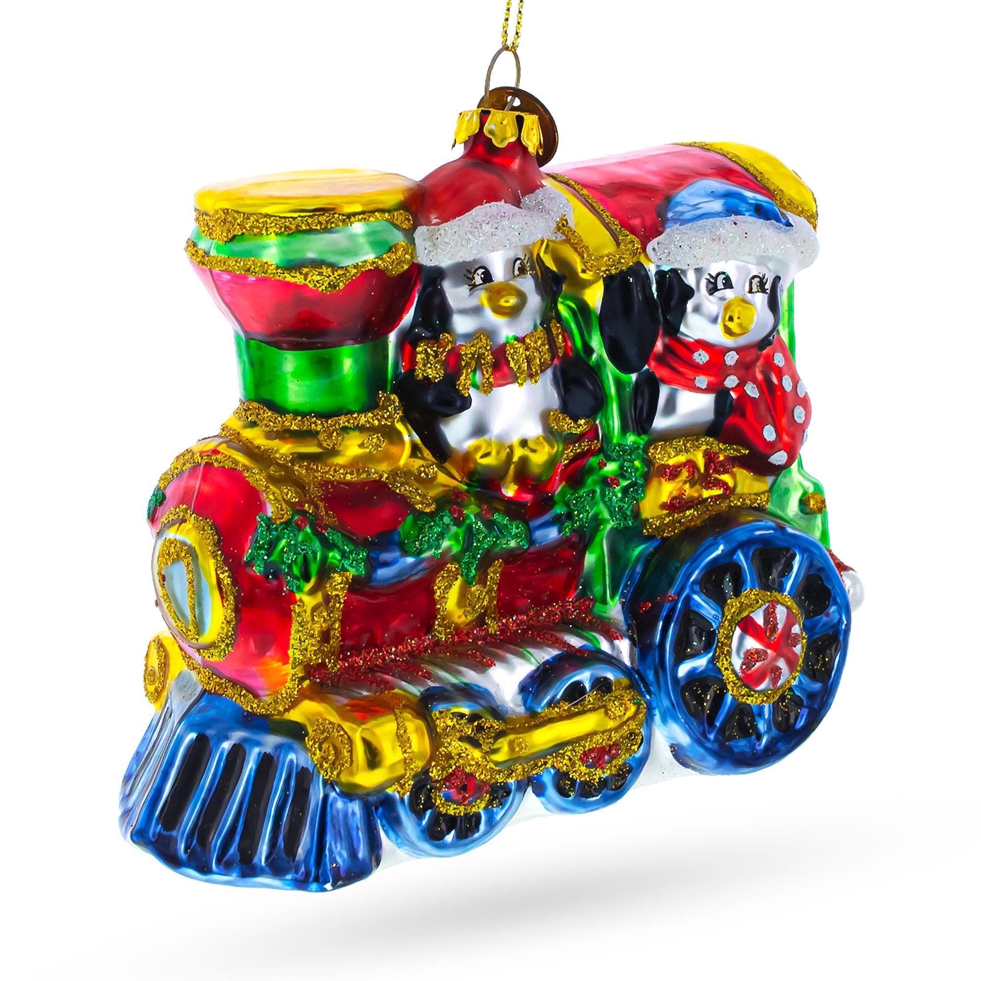 Playful Penguins Riding Train Glass Christmas Ornament