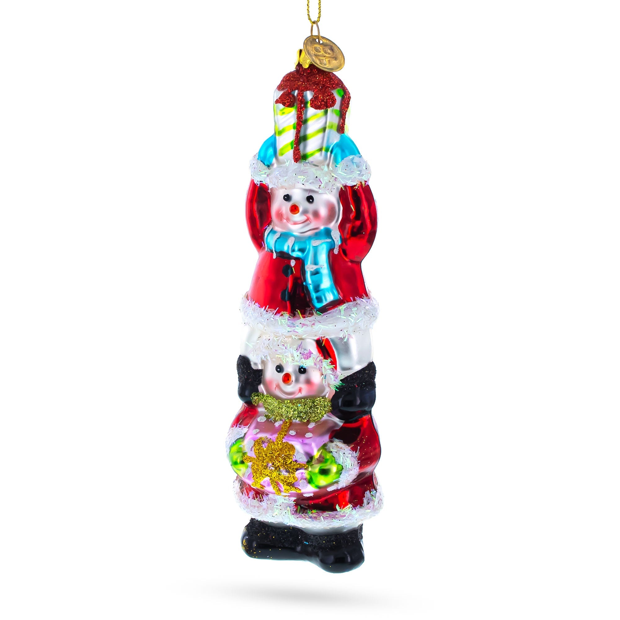 Snowmen Friends Sharing Gifts Glass Christmas Ornament