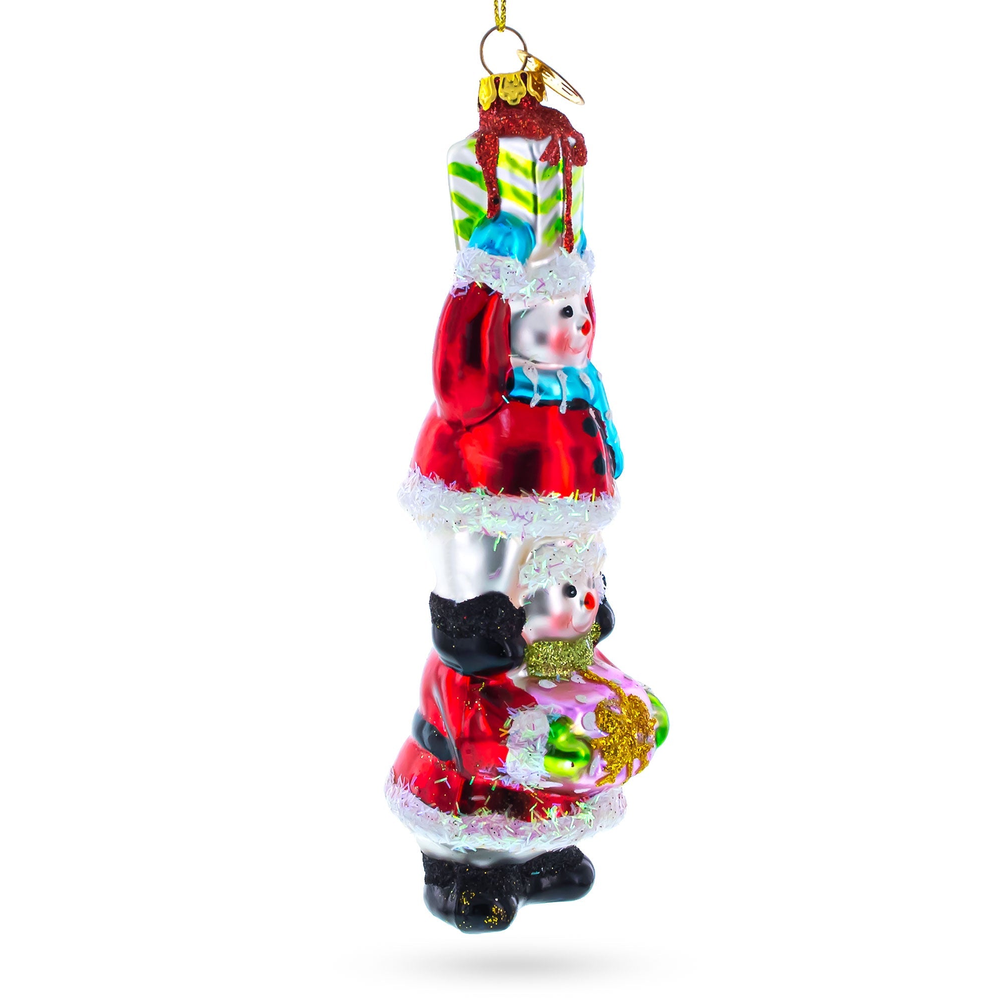 Snowmen Friends Sharing Gifts Glass Christmas Ornament