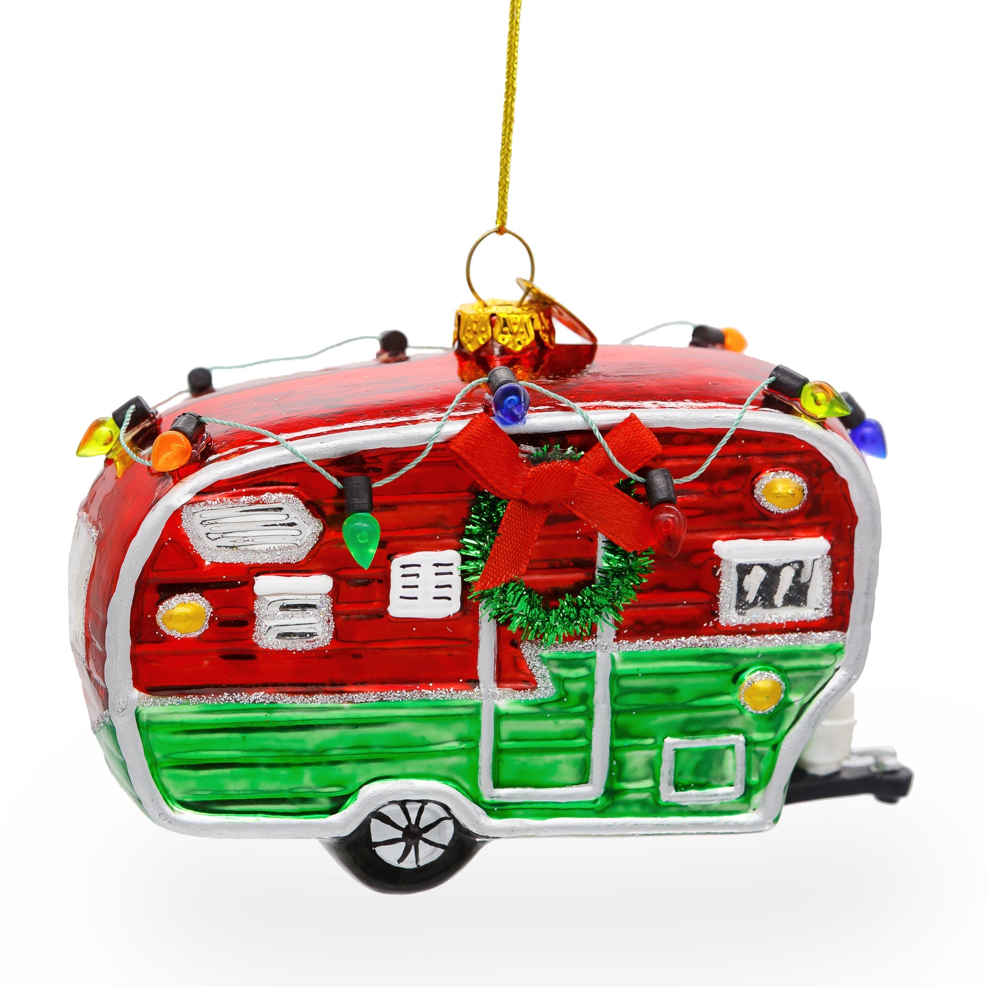 Camper Trailer with Lights Glass Christmas Ornament