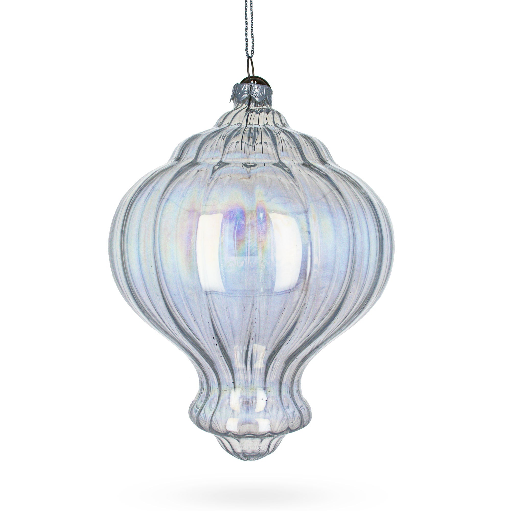 Lantern Shape Finial Clear Iridescent Glass Christmas Ornament 5.3 Inches