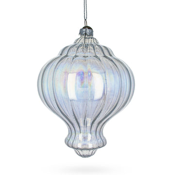 Lantern Shape Finial Clear Iridescent Glass Christmas Ornament 5.3 Inches