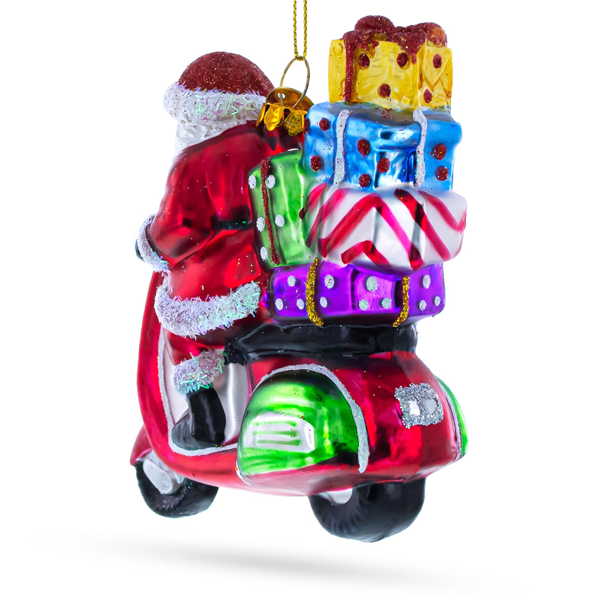 Santa Riding Retro Scooter with Gifts Glass Christmas Ornament