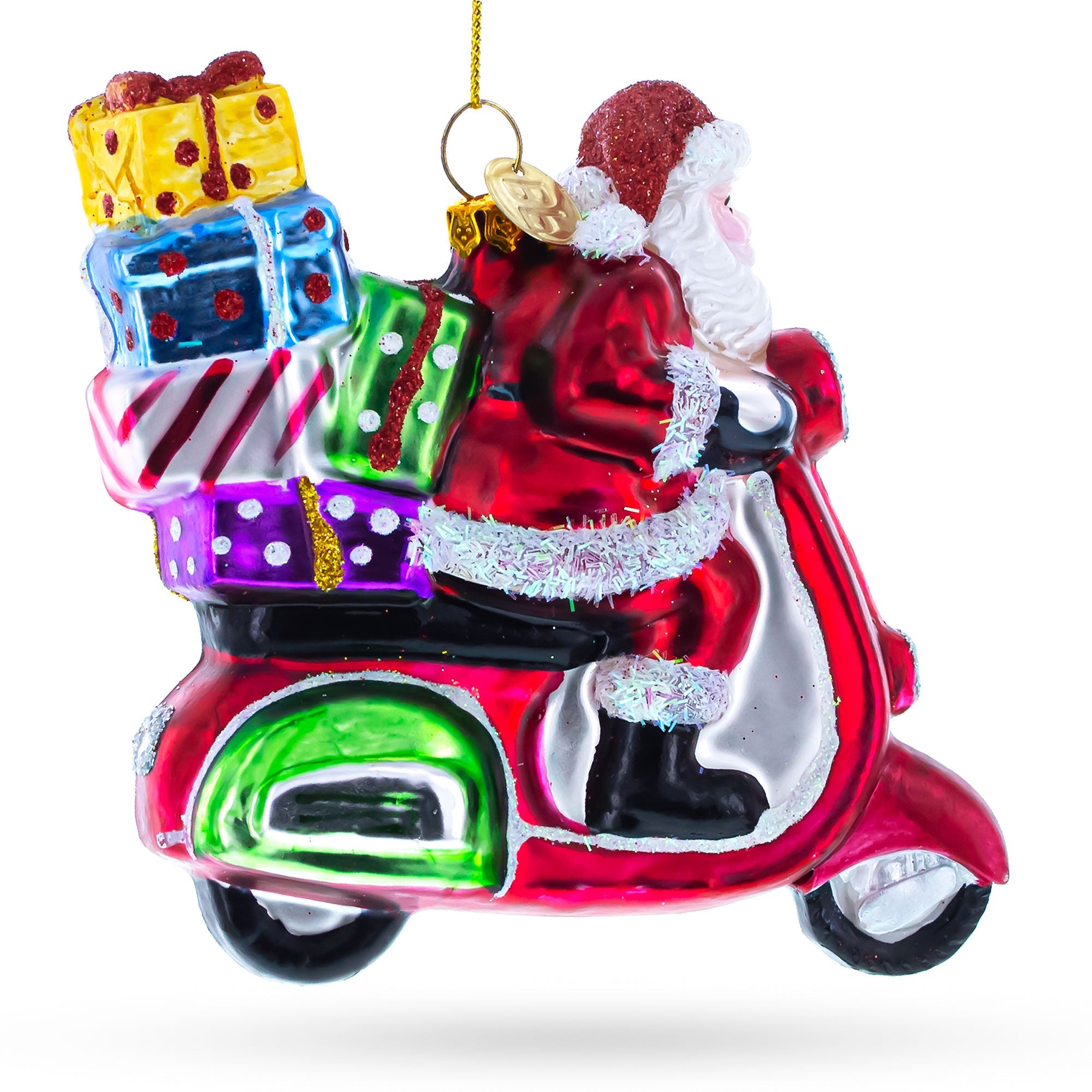 Santa Riding Retro Scooter with Gifts Glass Christmas Ornament