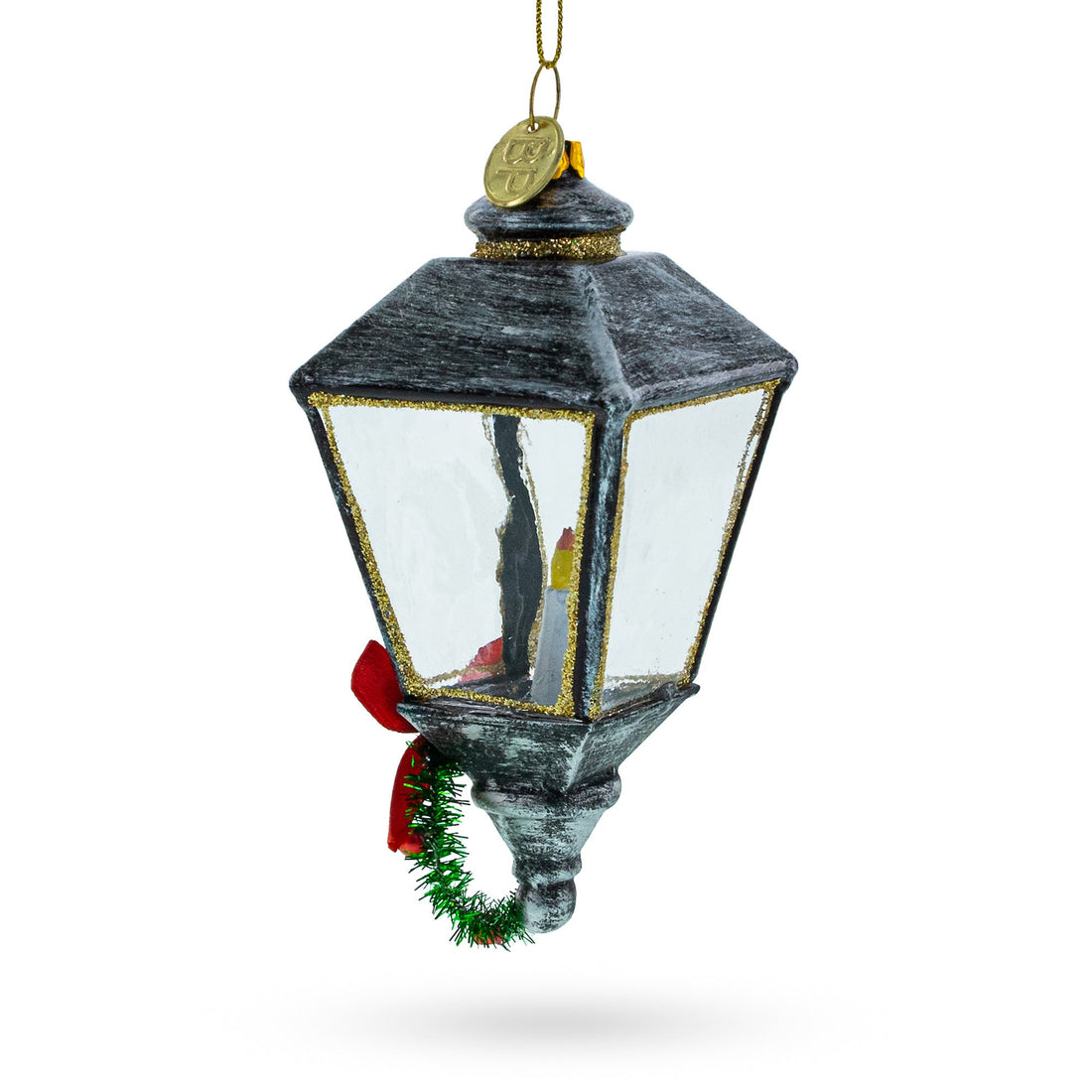 Festive Lantern with Red Bow Glass Christmas Ornament