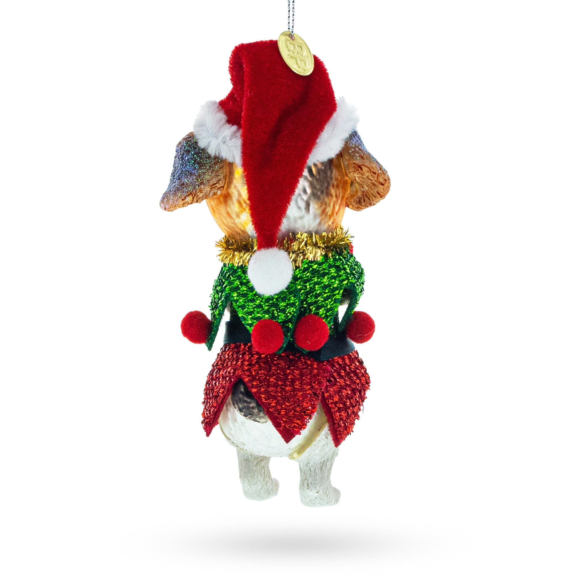 Santa Pup in Elf Costume Glass Christmas Ornament