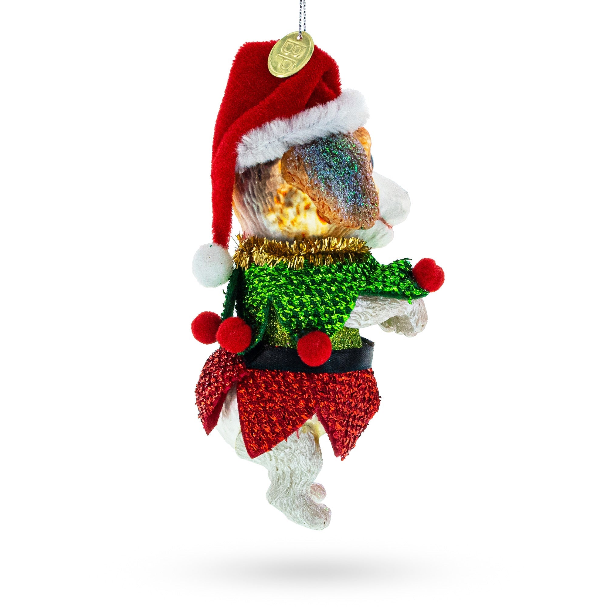 Santa Pup in Elf Costume Glass Christmas Ornament