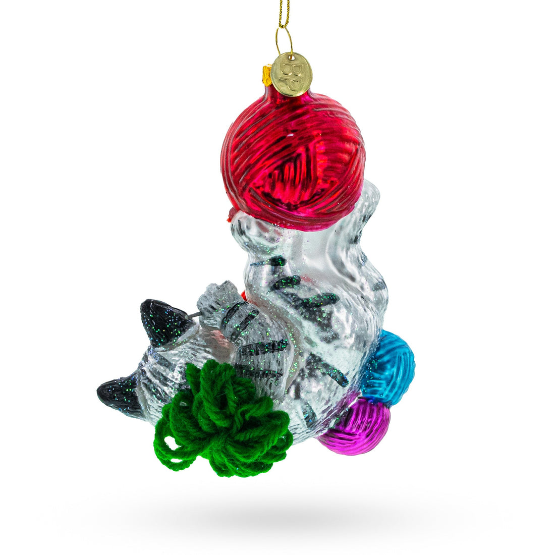 Kitten Tangled in Yarn Balls Glass Christmas Ornament