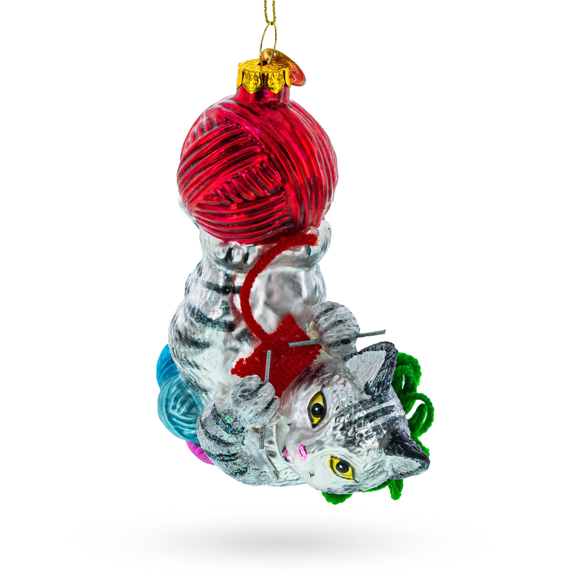 Kitten Tangled in Yarn Balls Glass Christmas Ornament