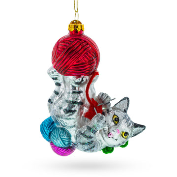 Kitten Tangled in Yarn Balls Glass Christmas Ornament