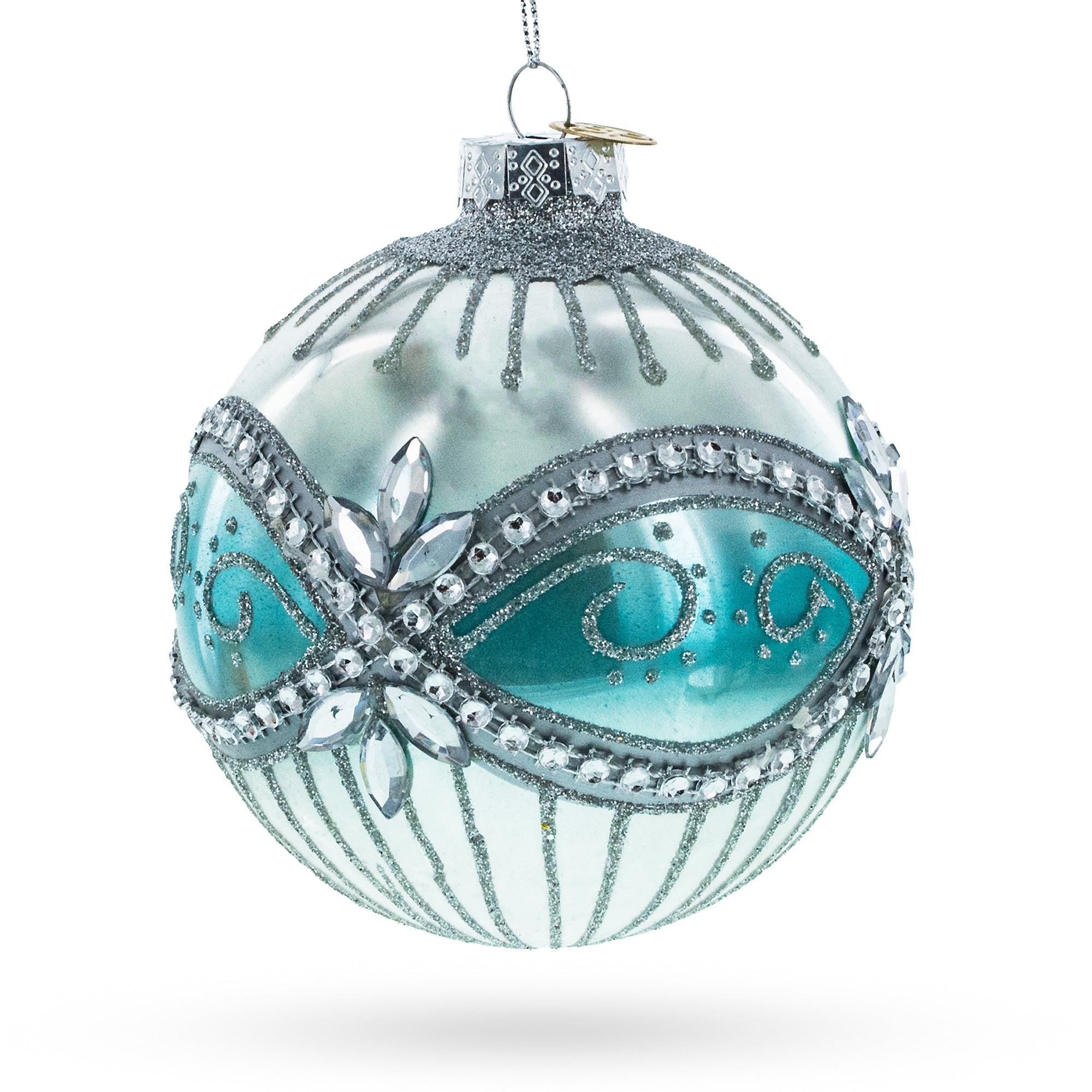 Elegant Silver and Blue Jeweled Glass Ball Christmas Ornament