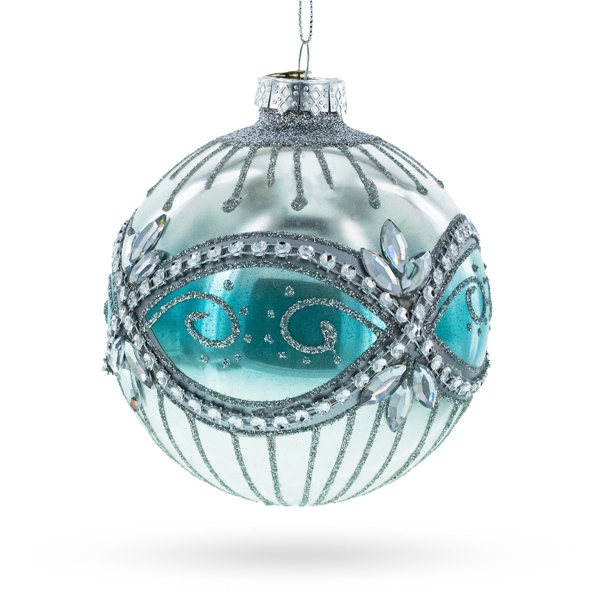 Elegant Silver and Blue Jeweled Glass Ball Christmas Ornament