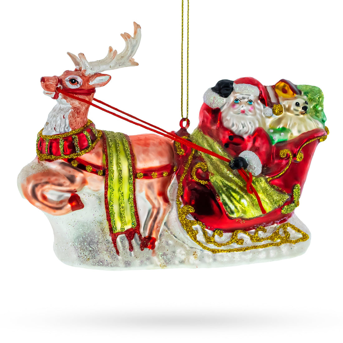 Santa’s Sleigh Ride with Reindeer Glass Christmas Ornament