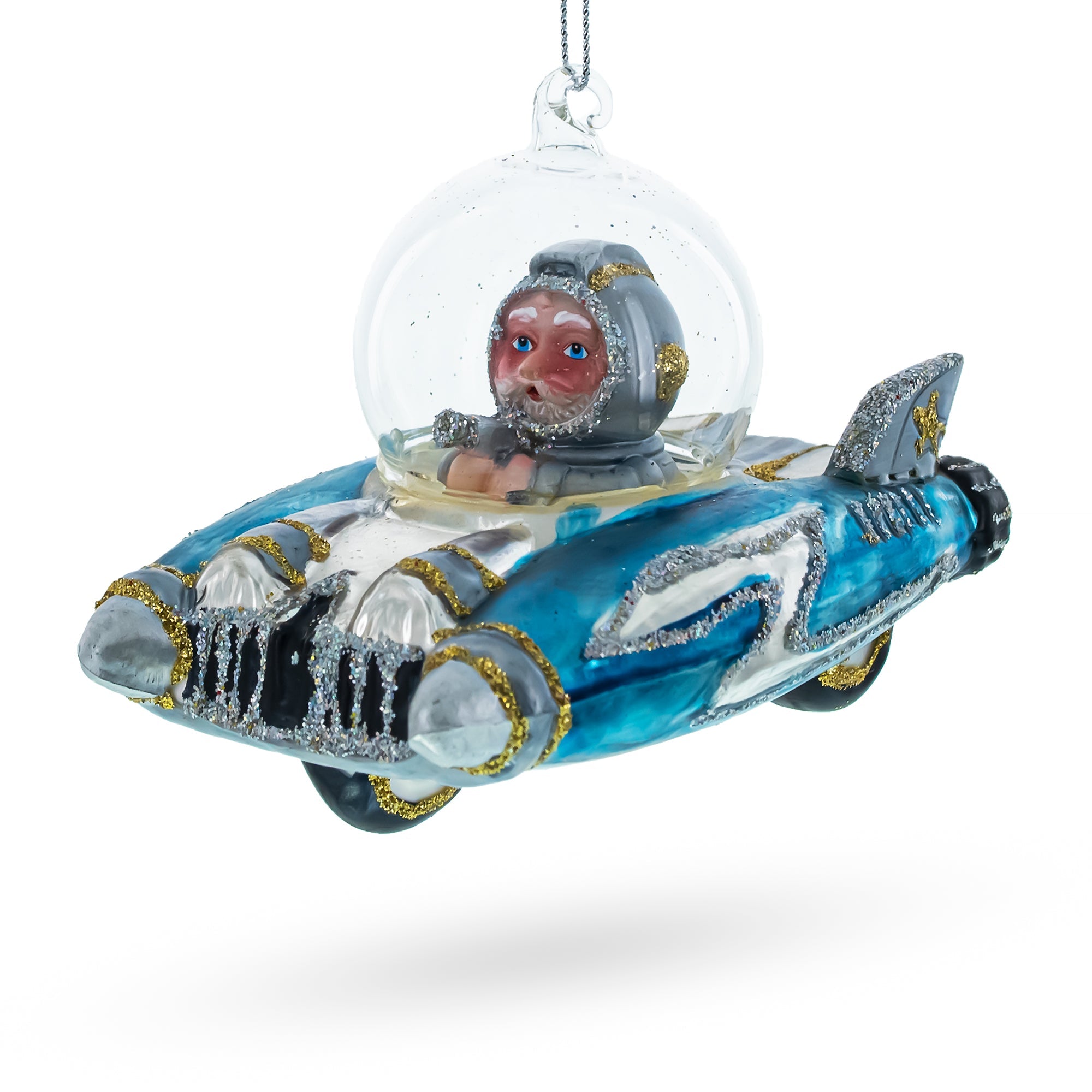 Santa Riding Spaceship Glass Christmas Ornament